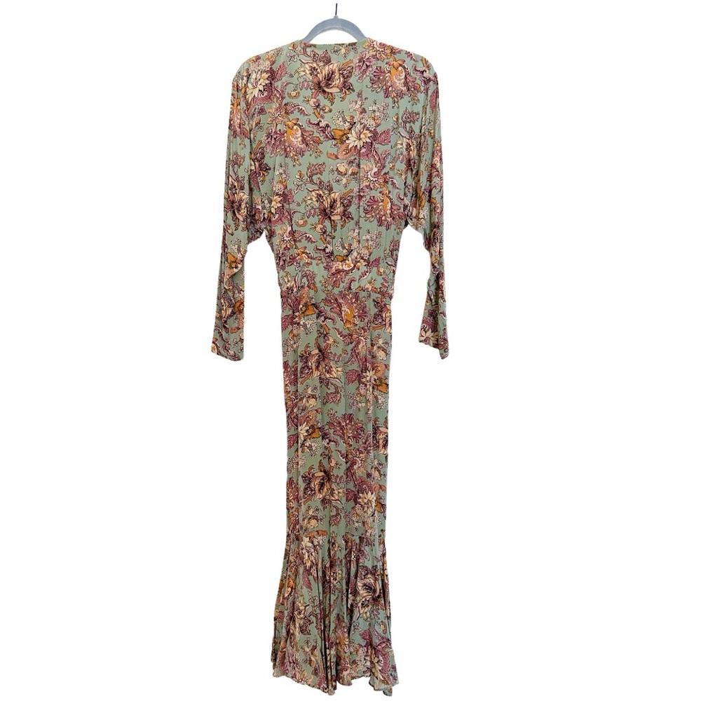 Michelle Stuart Vintage Long Sleeve Floral Button Fit Flare Ruffle Dress Green - Picture 3 of 6